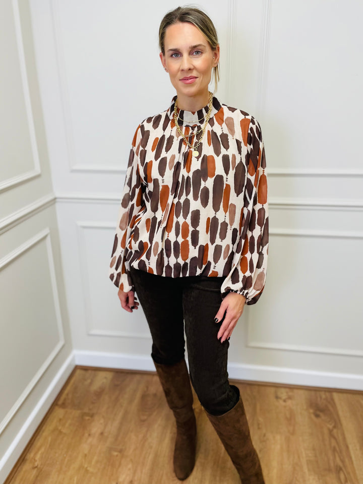 "TERESA" Abstract Print Blouse-Cream & Cinnamon