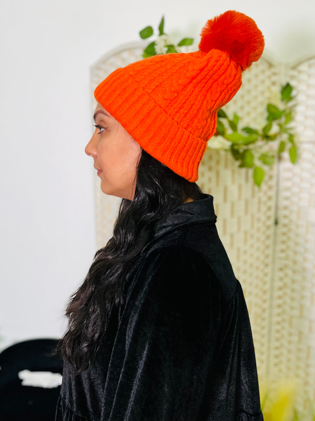 Orange Knit Faux Fur Pom Hat