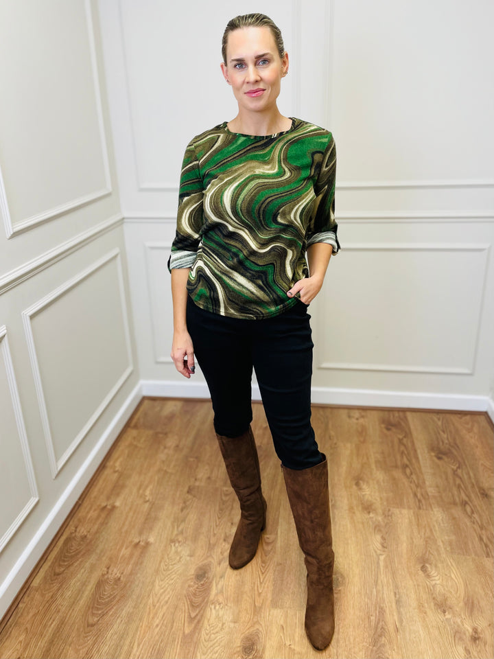 "ANNA" Printed Jersey Top-Green & Tan