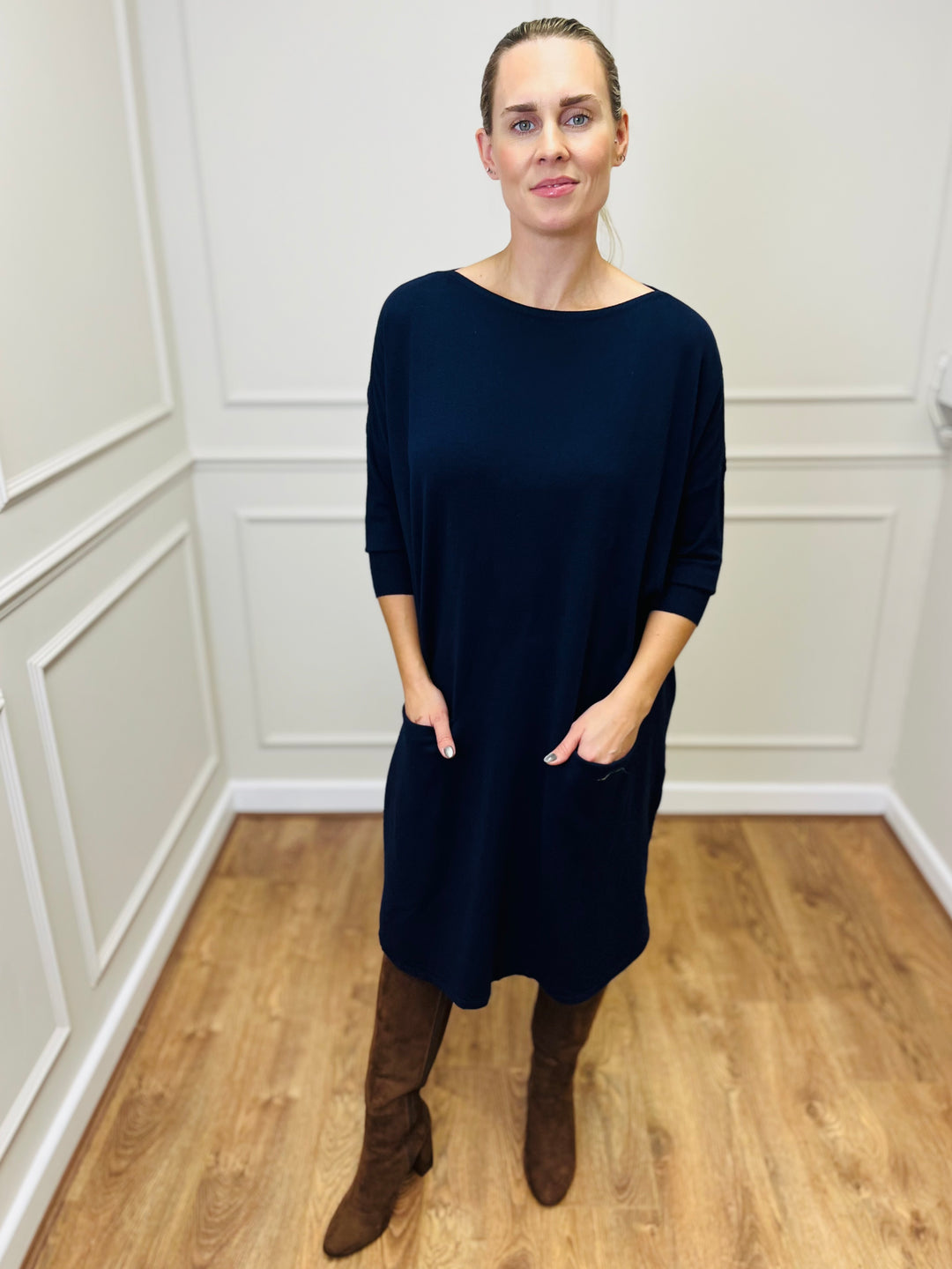 "RUBY" Fine Knit Dress-Navy