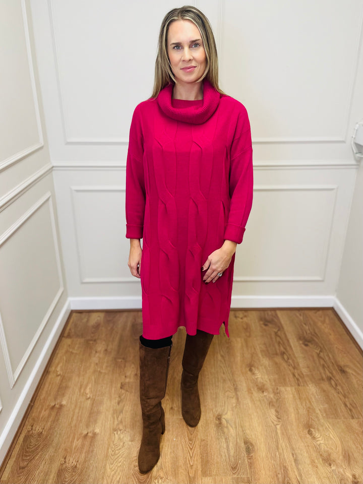 "BELINDA" Cable Knit Roll Neck Dress-Pink