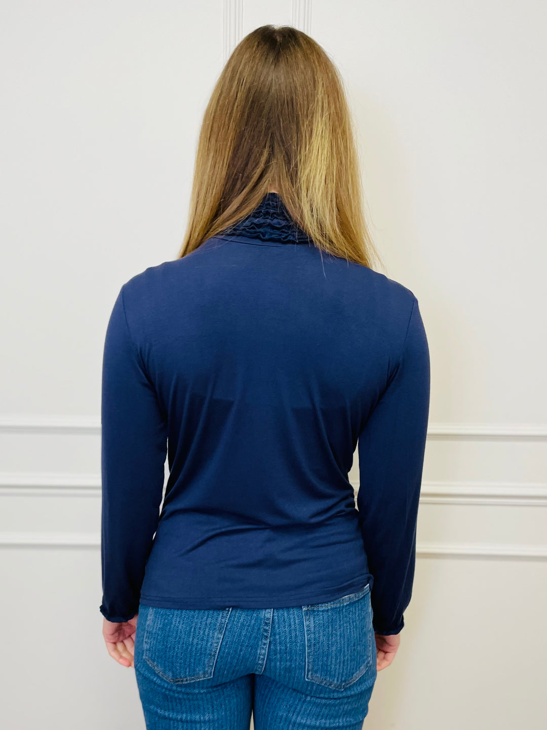 "LIVIA" Ruffle Polo Neck Top-Navy