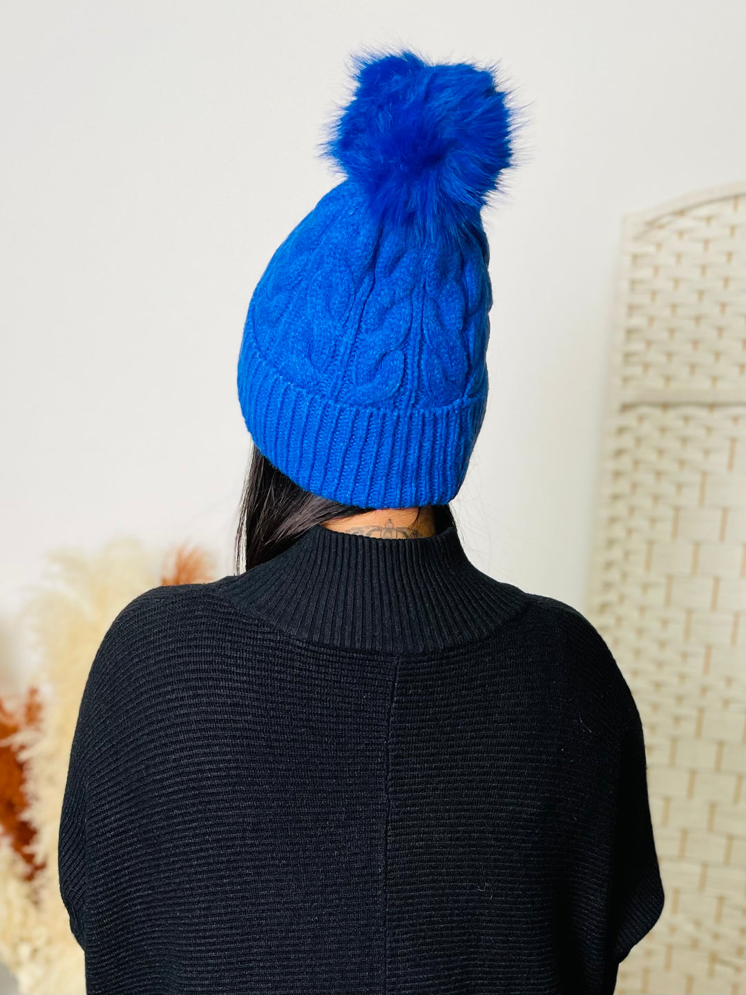 Blue Knit Faux Fur Pom Hat