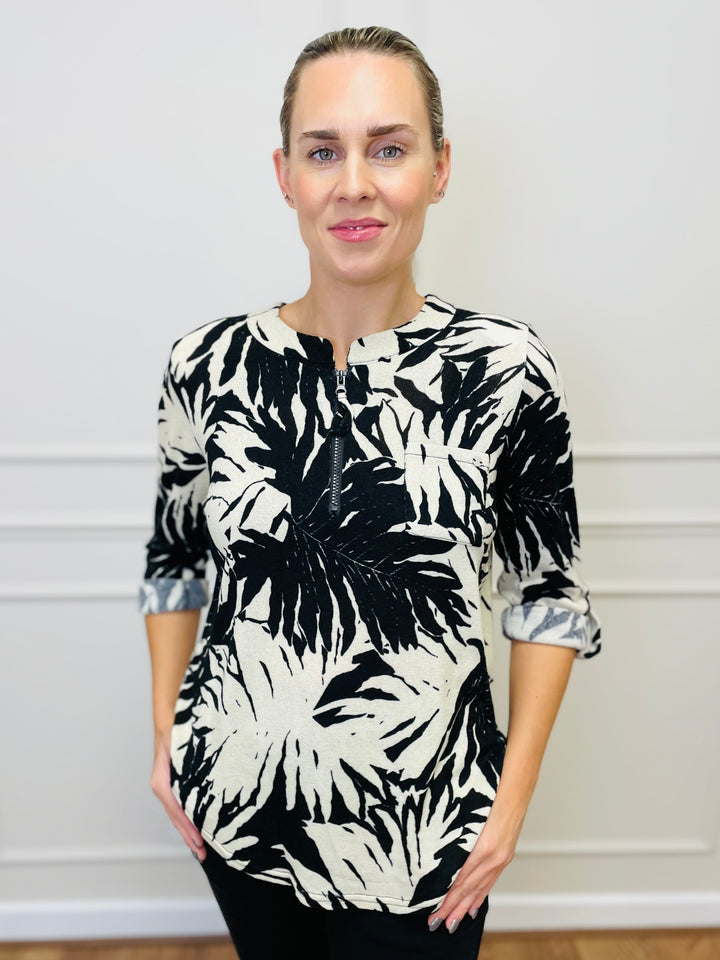 "ANNA" Floral Print Blouse-Cream & Black