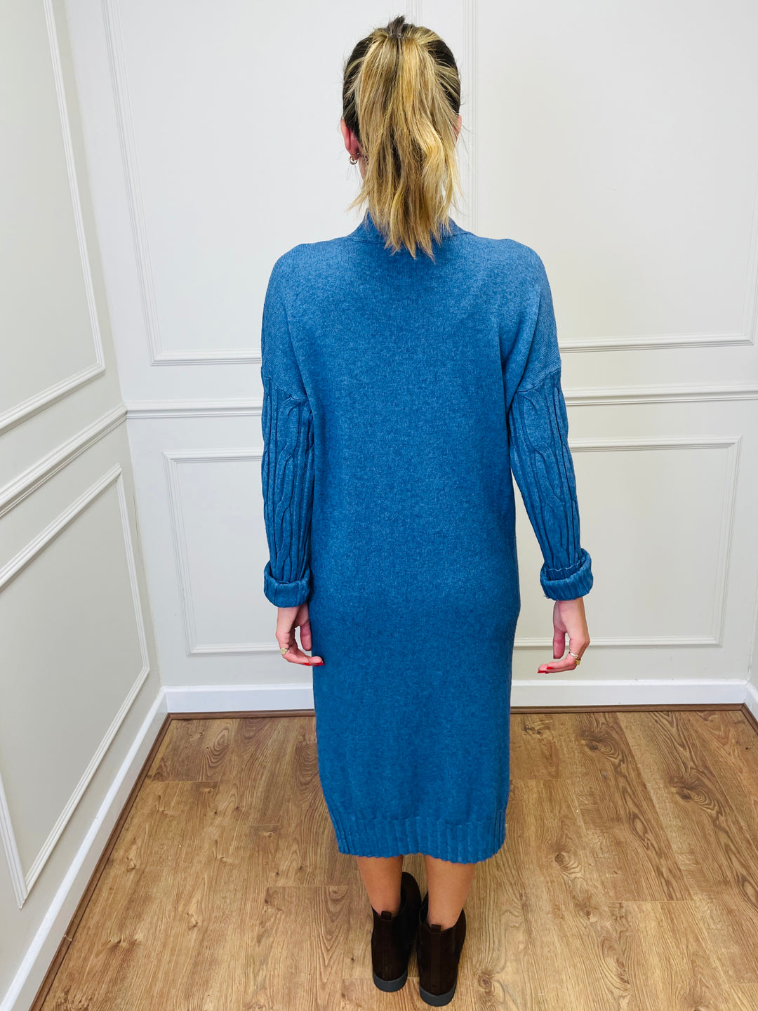 "ELY" Cable Knit Midi Dress-Denim Blue