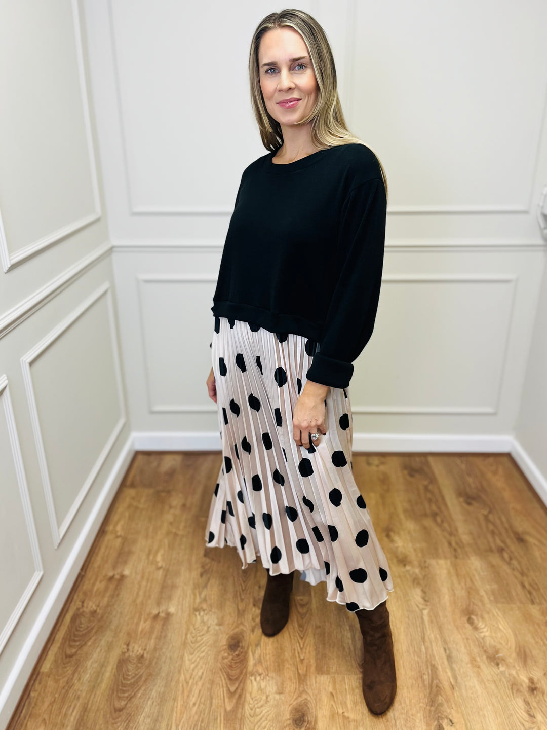 "DOTTY" Polka Dot Pleated Dress-Black & Cream