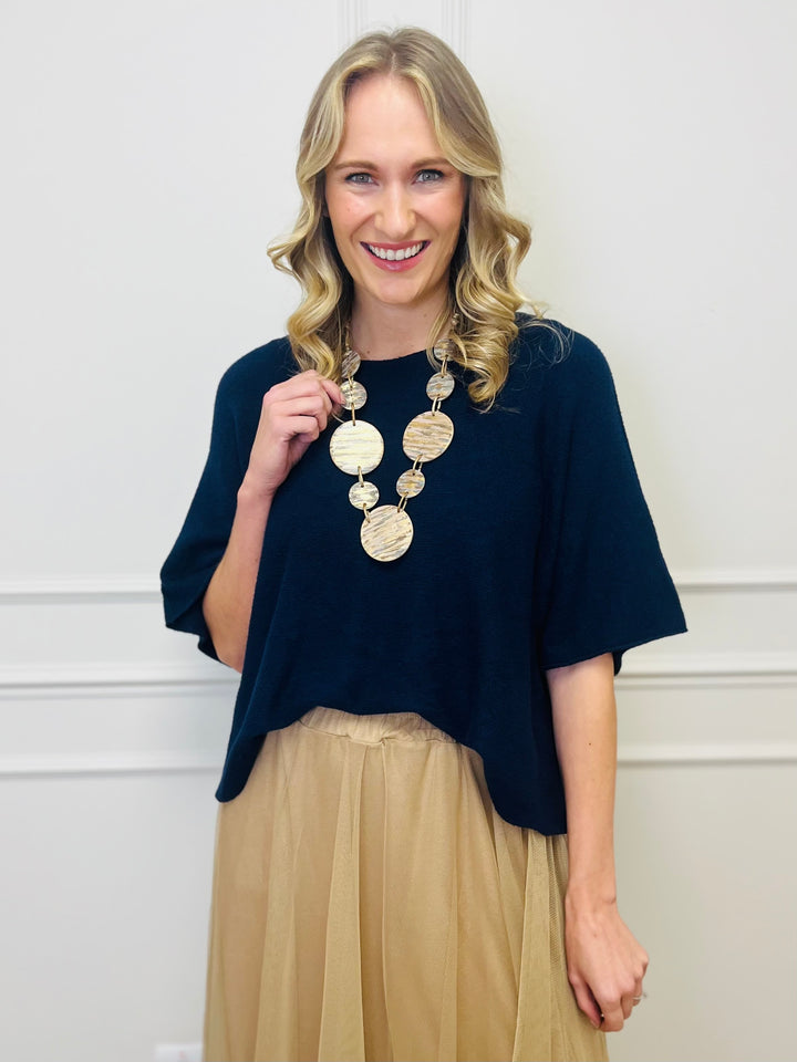 "ALICE” Short Sleeve Fine Knit-Navy