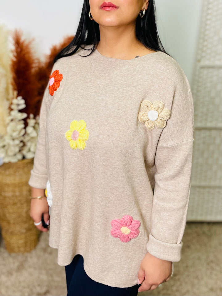 "ROSE" Textured Floral Jumper-Stone