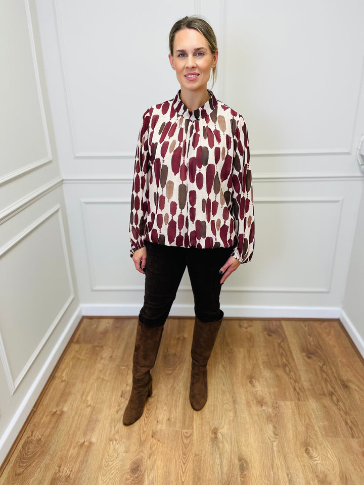 "TERESA" Abstract Print Blouse-Cream & Berry