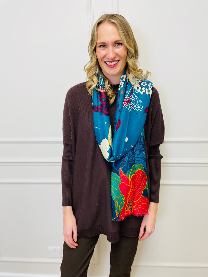 No.118 Artistic Print Scarf-Teal & Multicolour