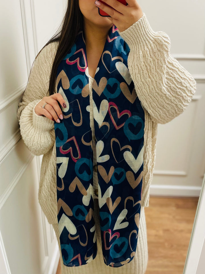 No.112 Heart Print Scarf-Navy & Cream