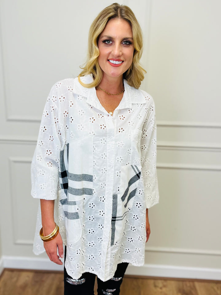 "ISLA" Broderie Shirt-White & Black