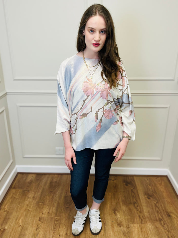 "SPRING" Floral Print Fine Knit-Cream & Blue