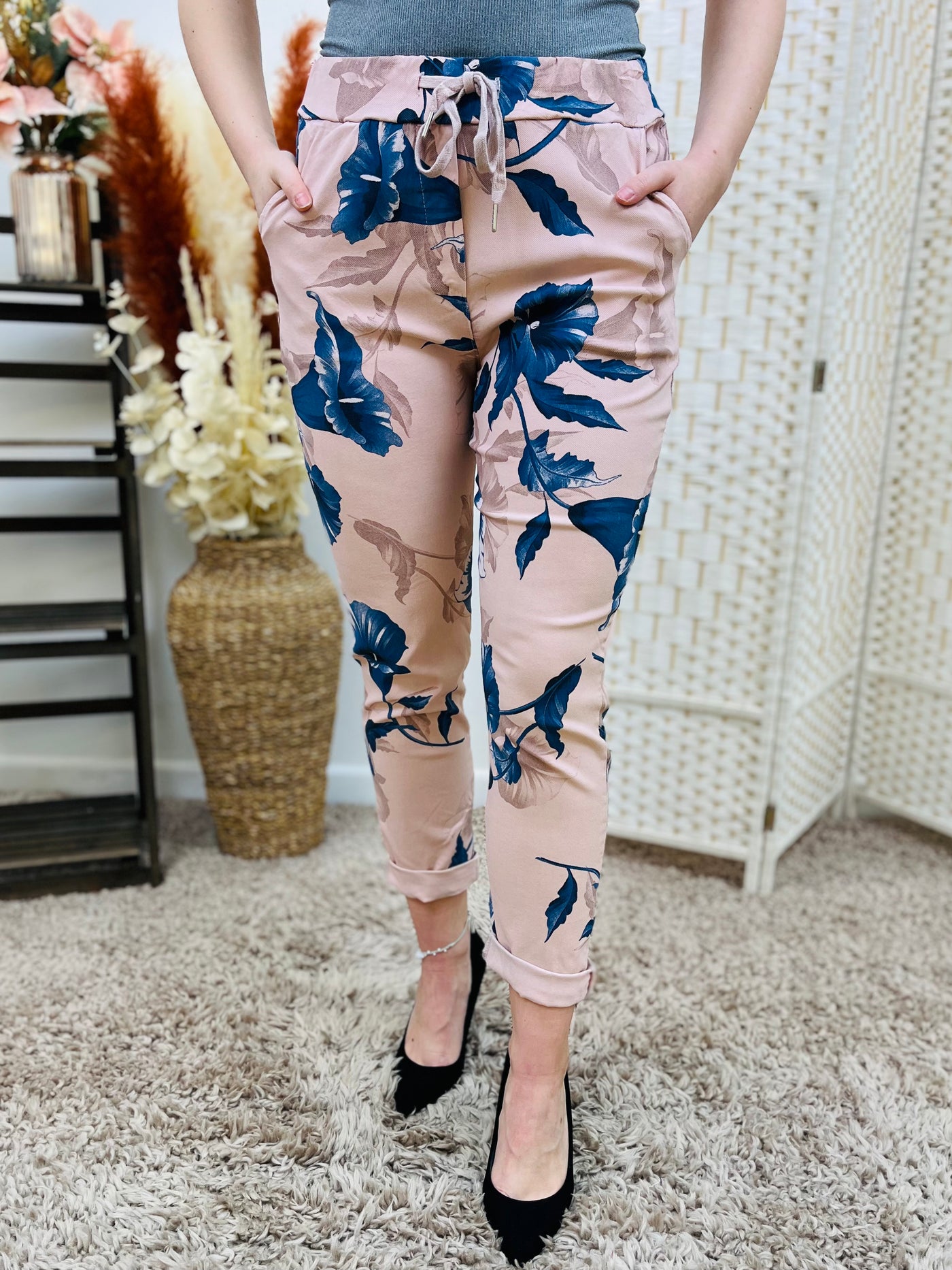 "CARMELA" Floral Print Trouser-Pink & Navy