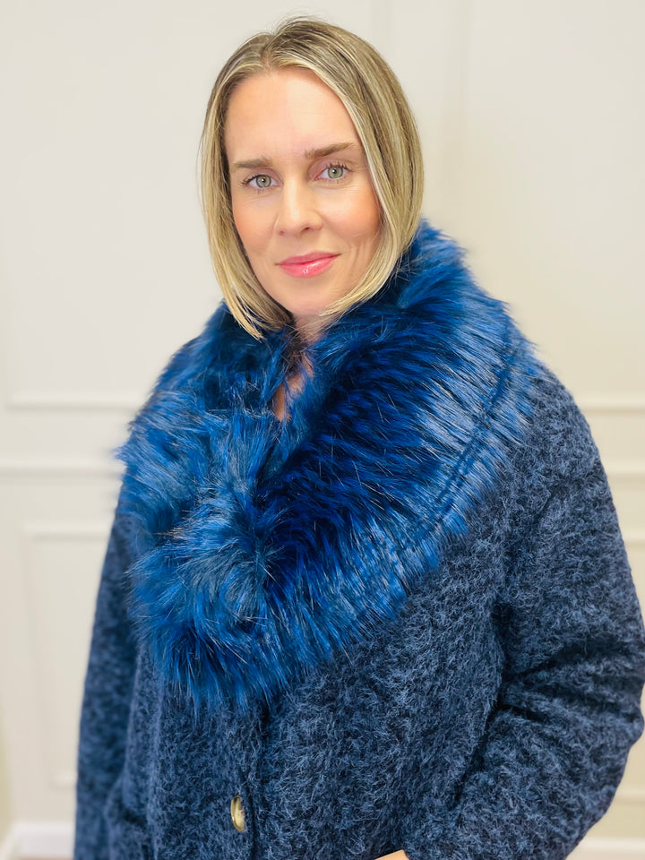 Faux Fur Collar Scarf-Navy