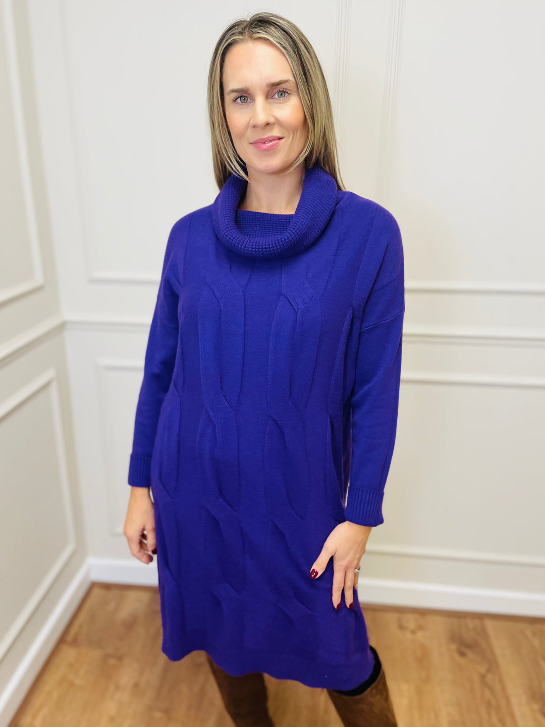"BELINDA" Cable Knit Roll Neck Dress-Purple