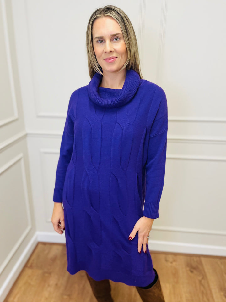 "BELINDA" Cable Knit Roll Neck Dress-Purple