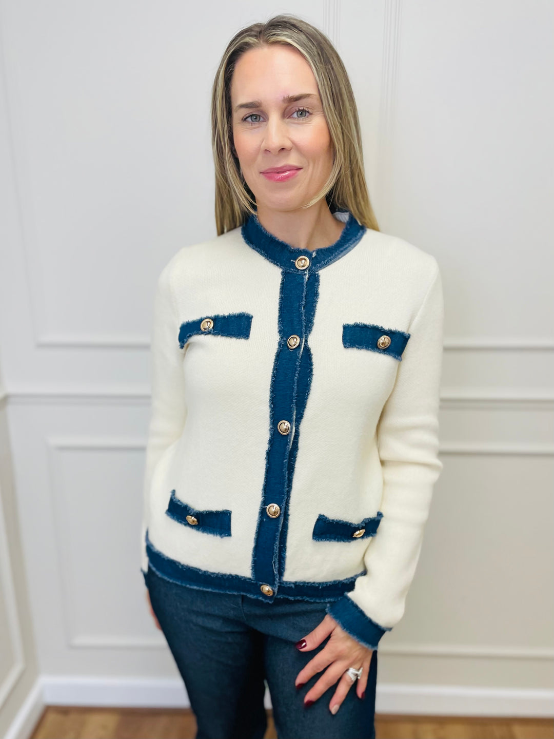 "COCO" Contrast Trim Jacket-Cream & Dark Denim