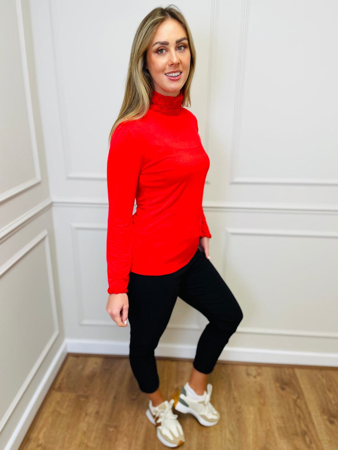 "LIVIA" Ruffle Polo Neck Top-Red
