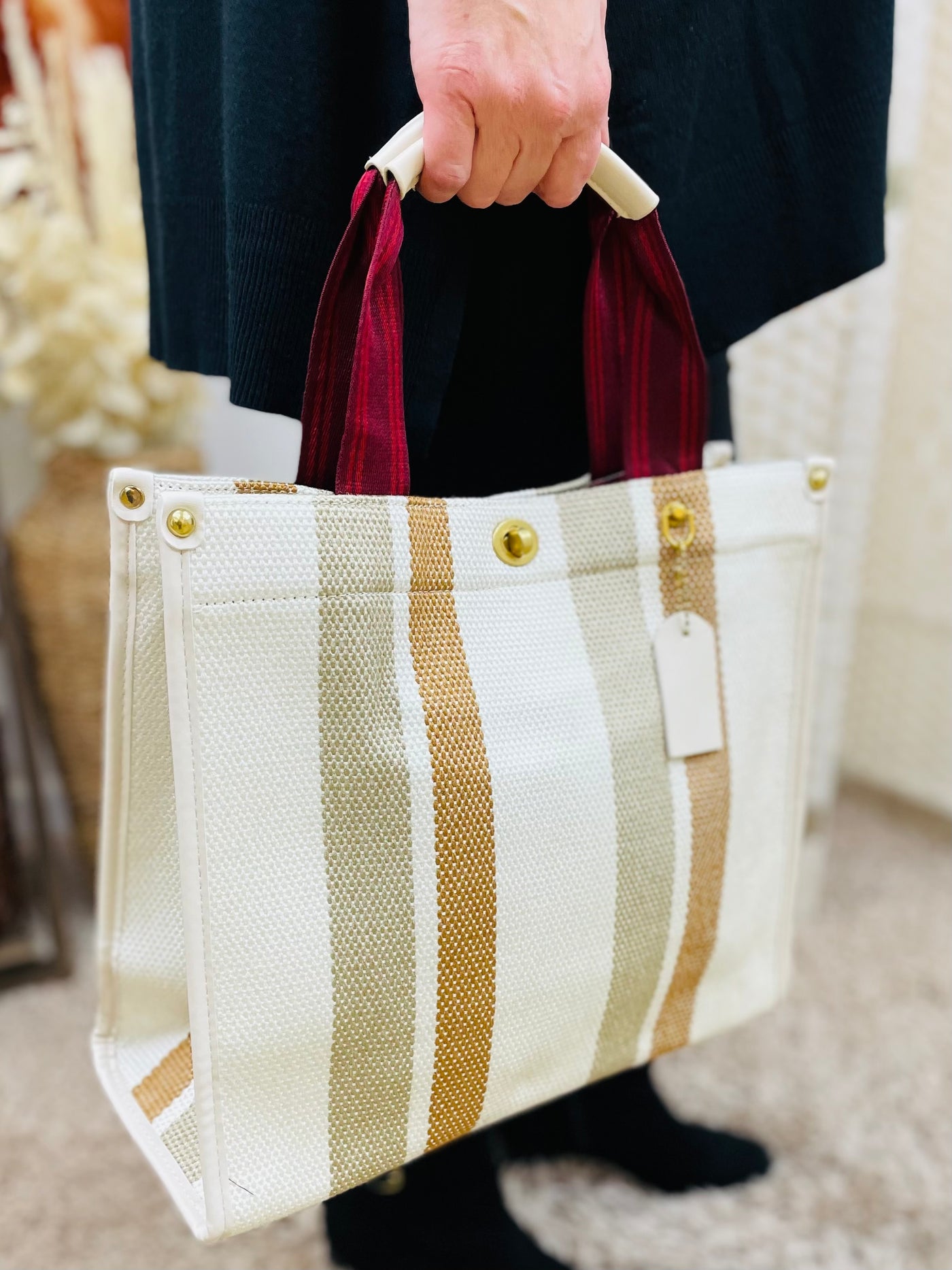 Stripe Print Handbag-Cream/Tam & Mocha