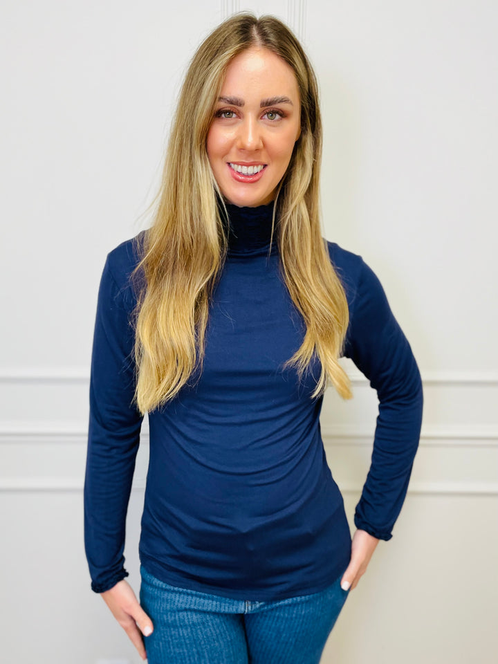 "LIVIA" Ruffle Polo Neck Top-Navy