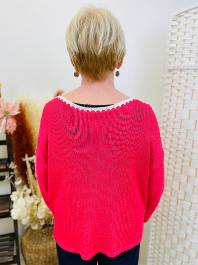 "MARISSA" Fine Knit Top-Cerise Pink & White