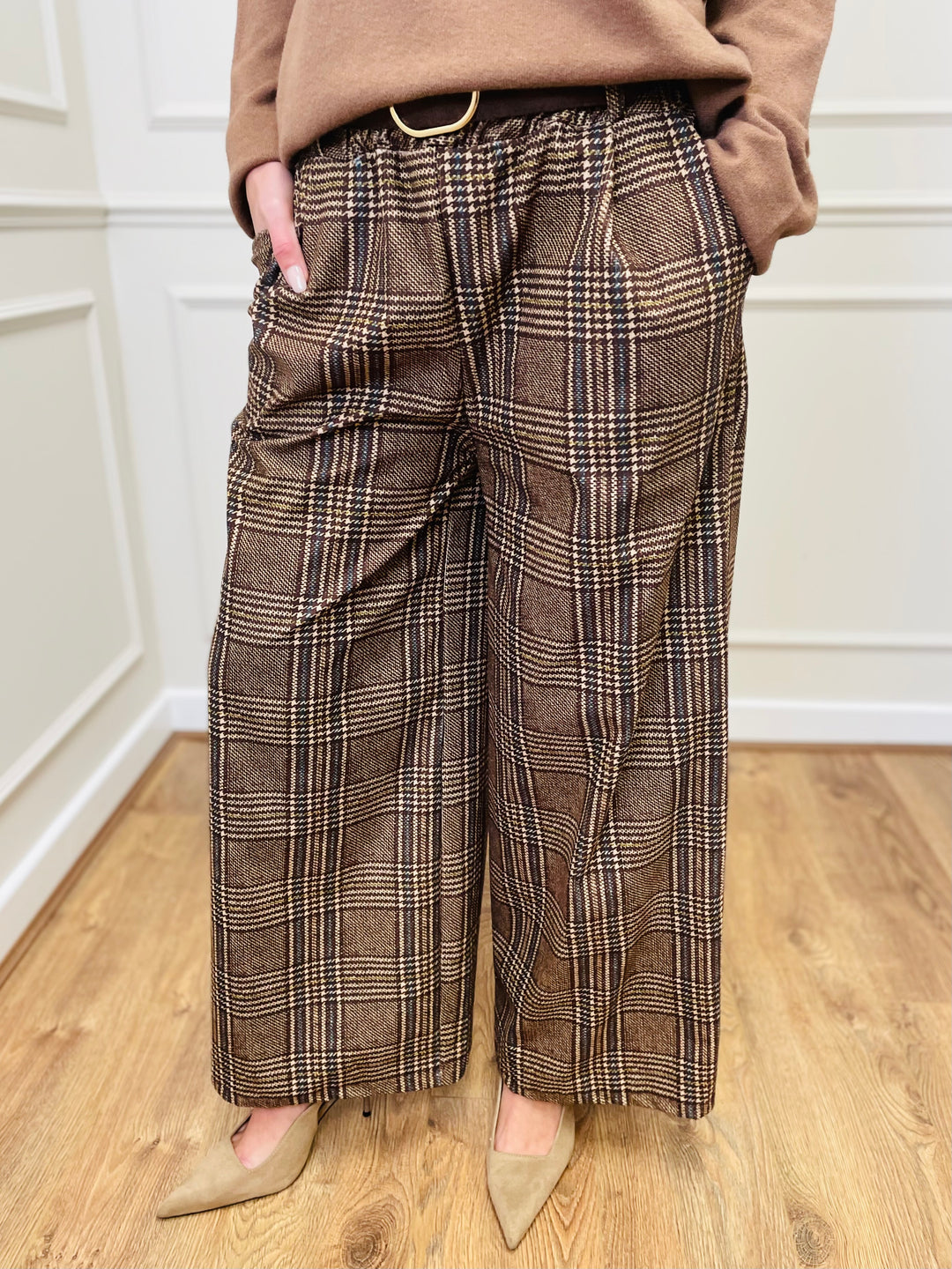 "ALANI" Check Print Trouser-Brown/Cream & Navy