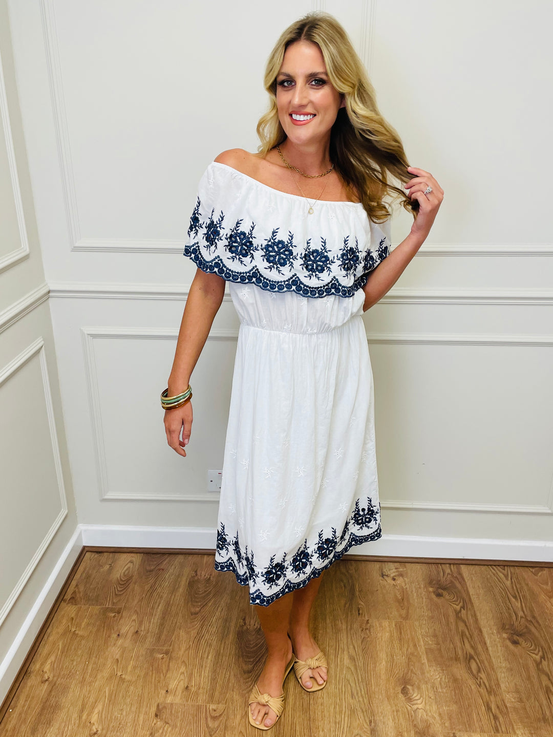 "HOLLY" Embroidered Dress-White & Navy
