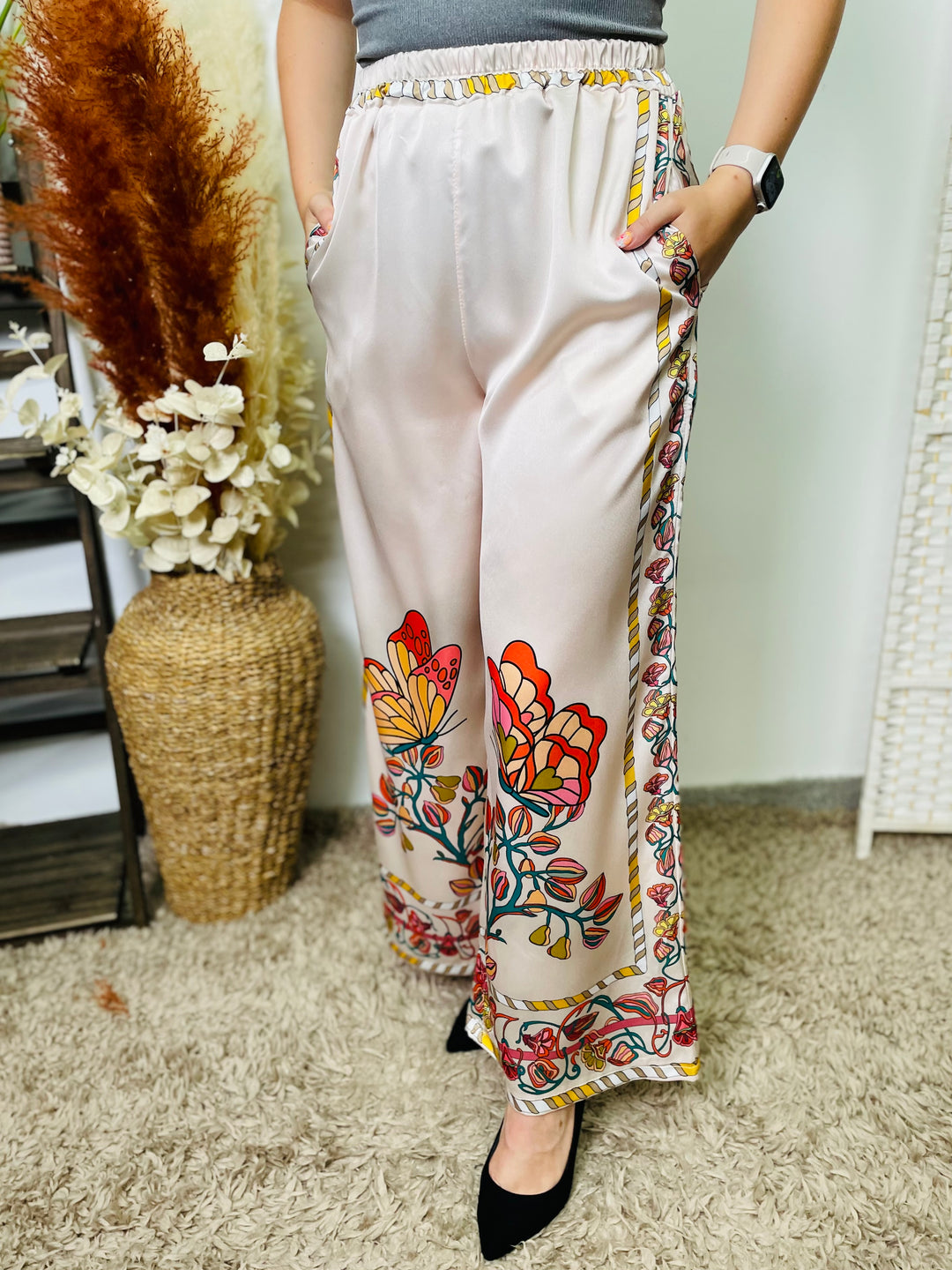 "GINNY" Butterfly Print Trousers-Cream