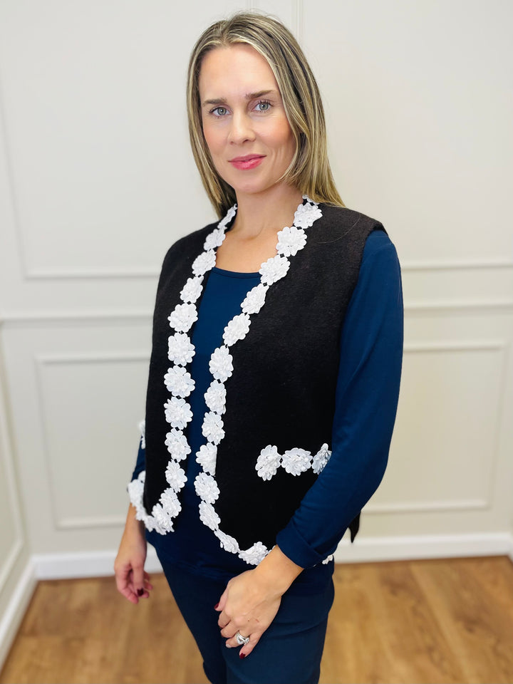 "MAGI" Floral Trim Gilet-Chocolate