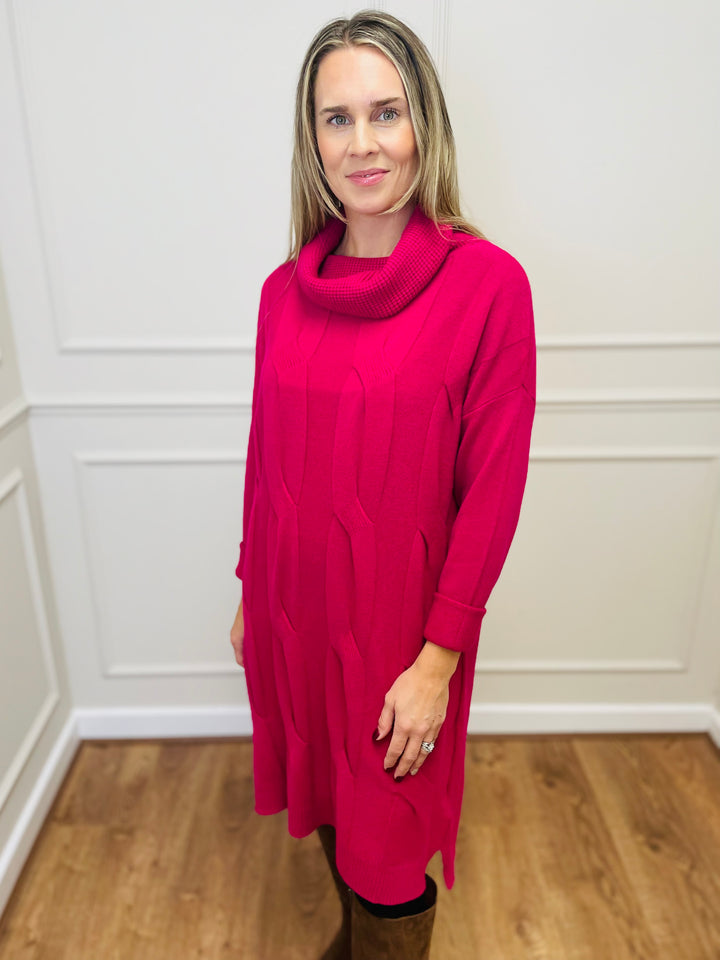 "BELINDA" Cable Knit Roll Neck Dress-Pink