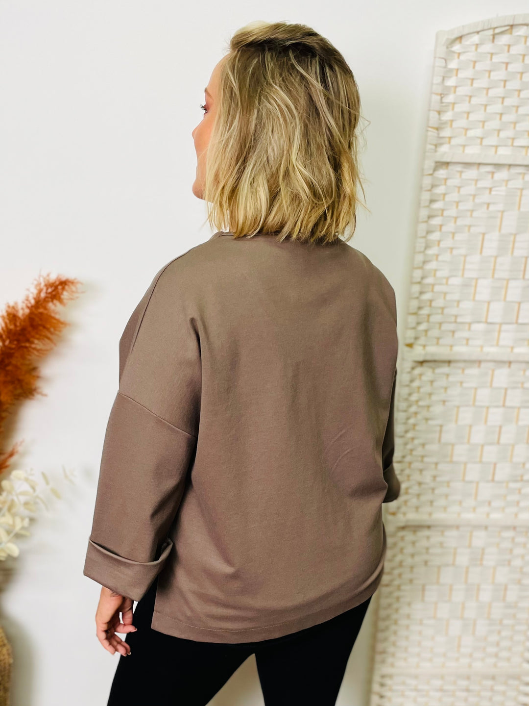 "ANDREA" Asymmetric Sweat Top-Mocha