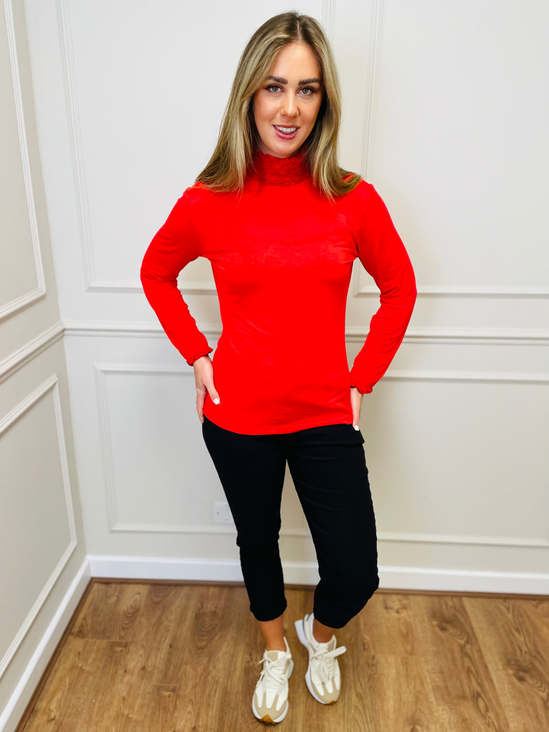 "LIVIA" Ruffle Polo Neck Top-Red