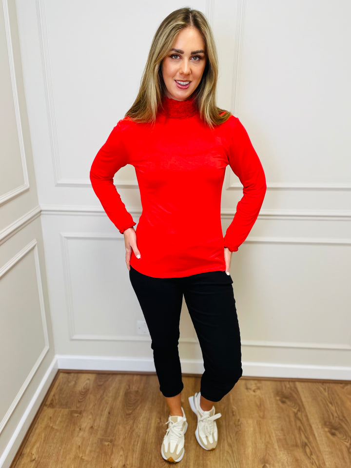 "LIVIA" Ruffle Polo Neck Top-Red