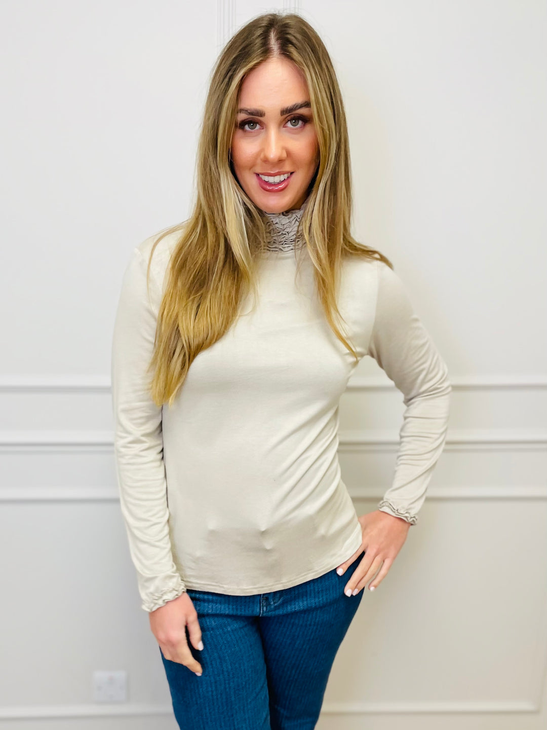 "LIVIA" Ruffle Polo Neck Top-Cream