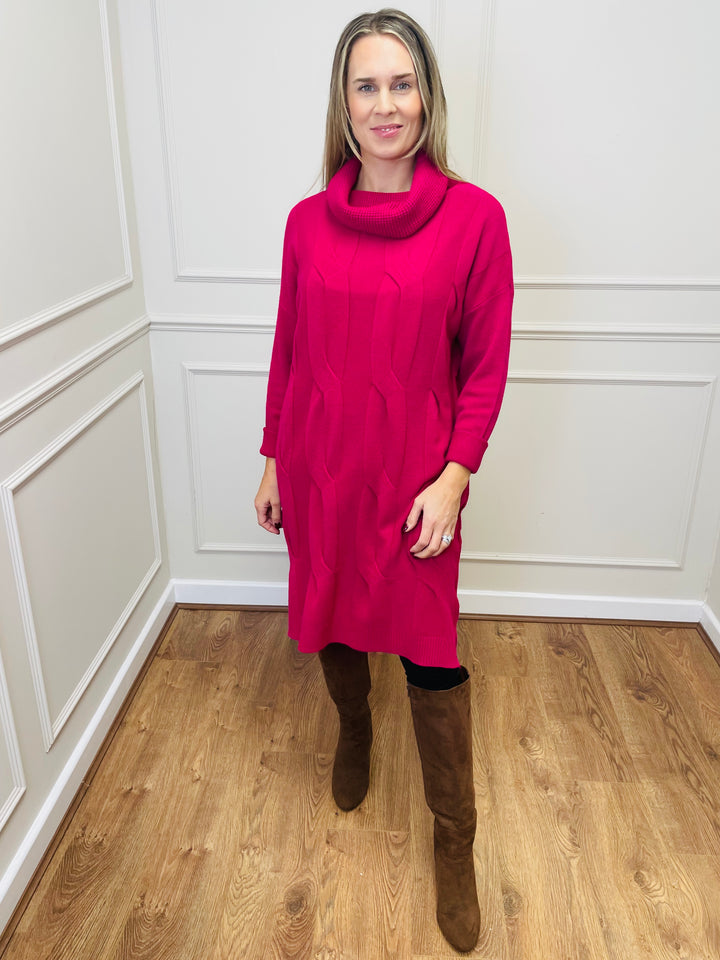 "BELINDA" Cable Knit Roll Neck Dress-Pink