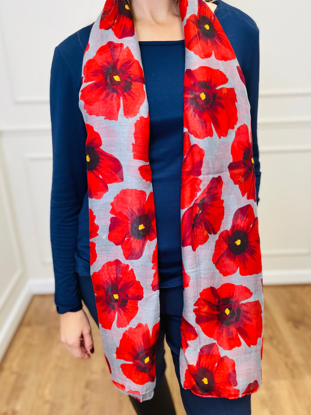 No.119 Poppy Print Scarf-Grey & Red