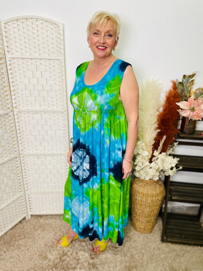 "LORY" Tie Dye Print Dress-Blue & Green