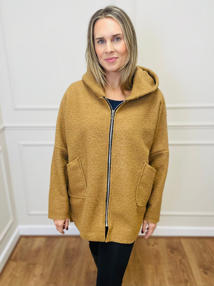 "ARLENE" Hooded Zip Coat-Camel