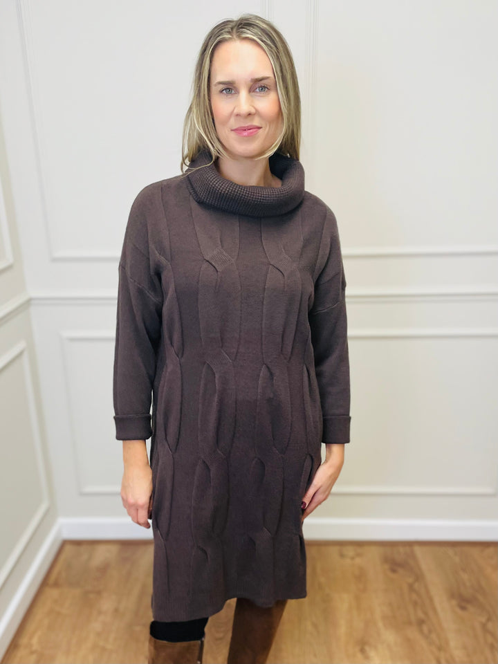"BELINDA" Cable Knit Roll Neck Dress-Brown
