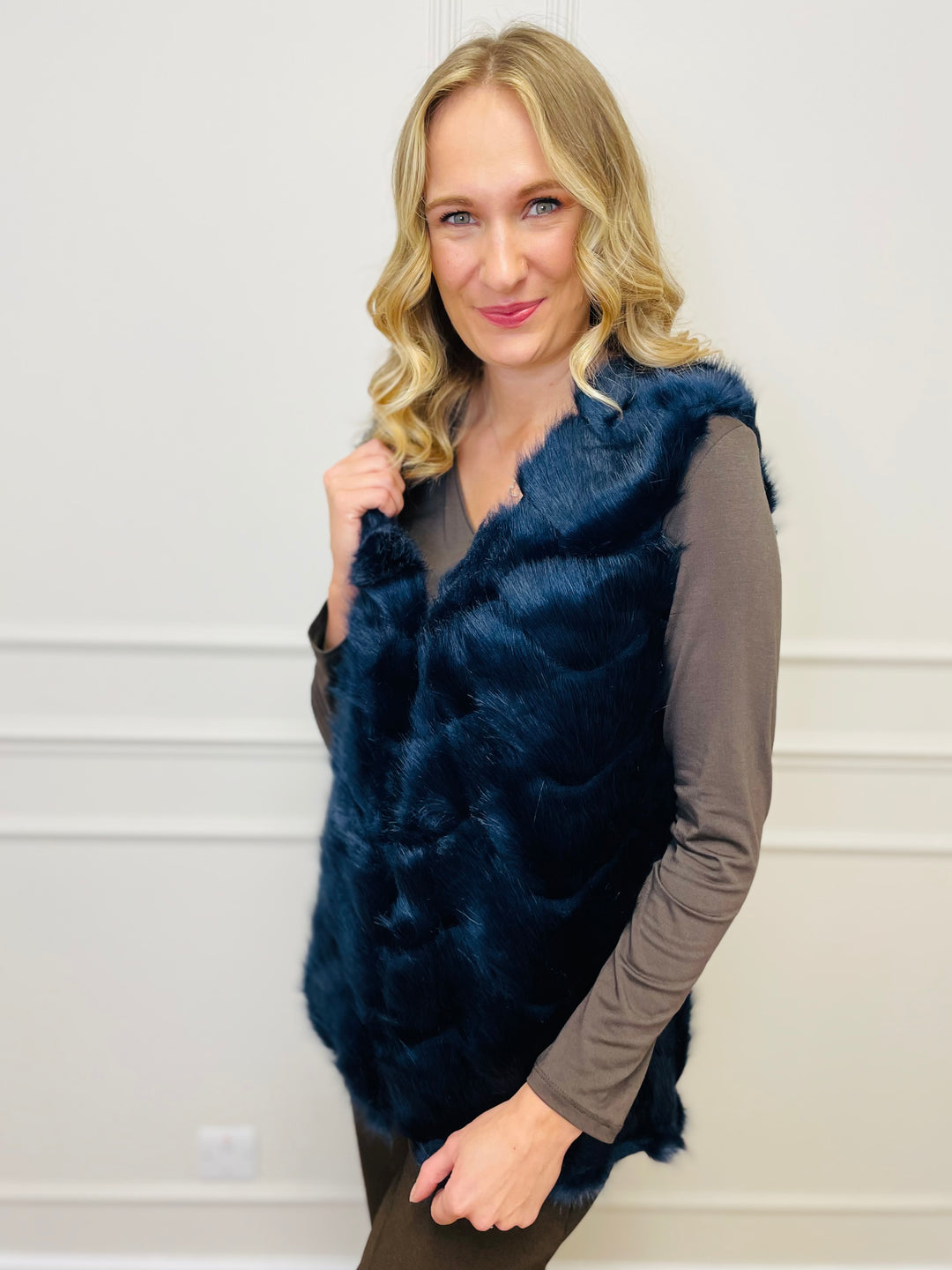 "CLARISSA" Faux Fur Waistcoat-Navy