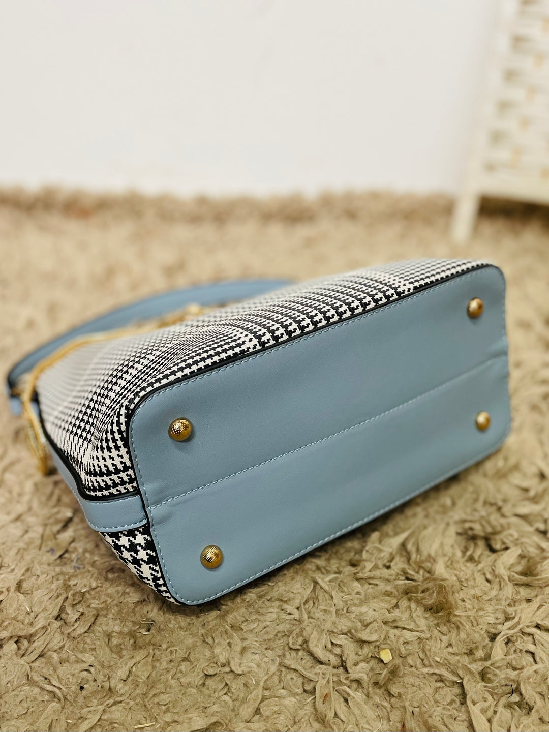 No.44 Dogtooth Print Handbag-White & Blue