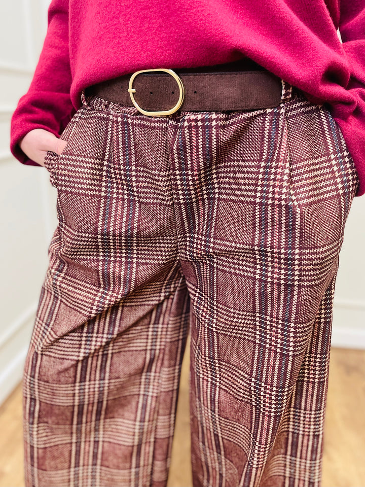 "ALANI" Check Print Trouser-Burgundy/Cream & Navy