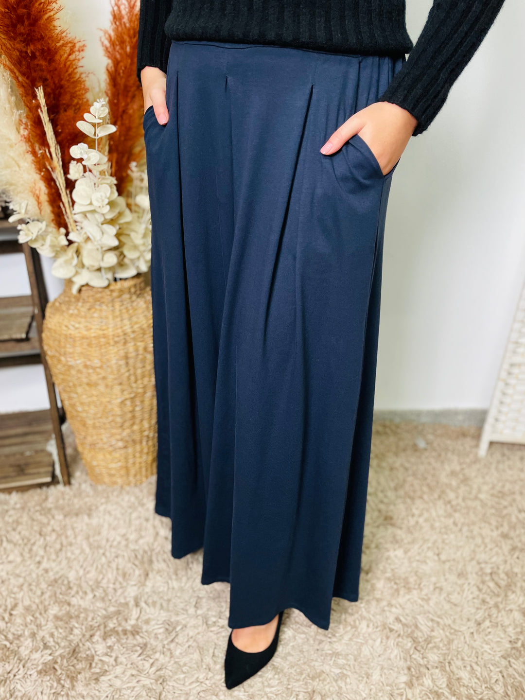 "ALEX" Wide Leg Cotton Trousers-Navy