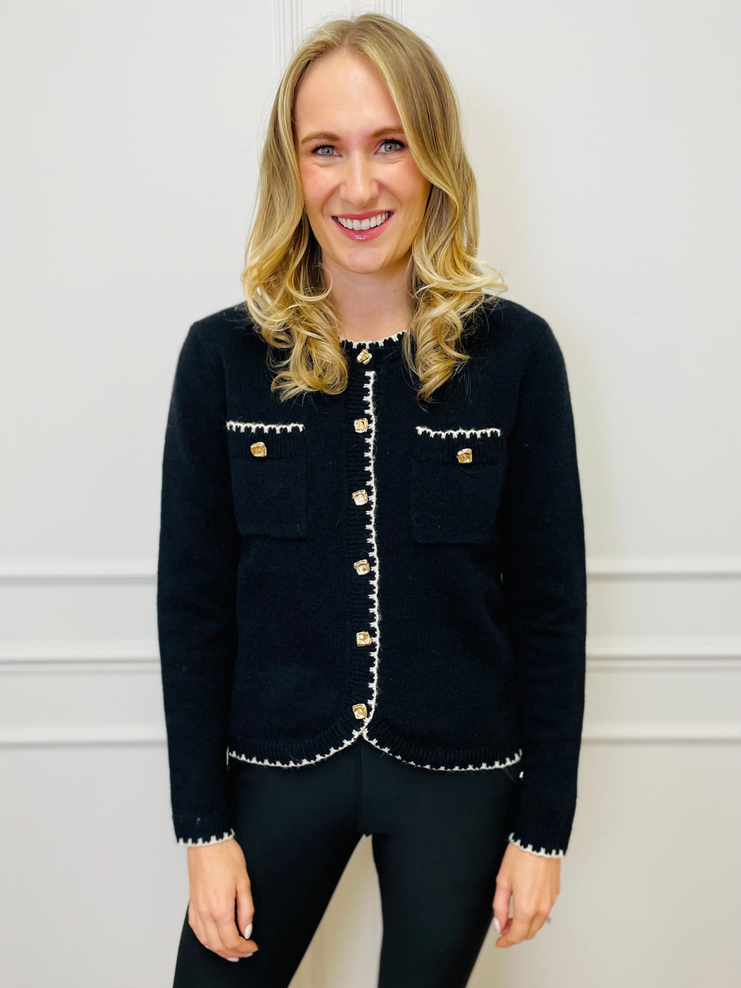 "HELENA" Two Tone Cardigan-Black & Cream