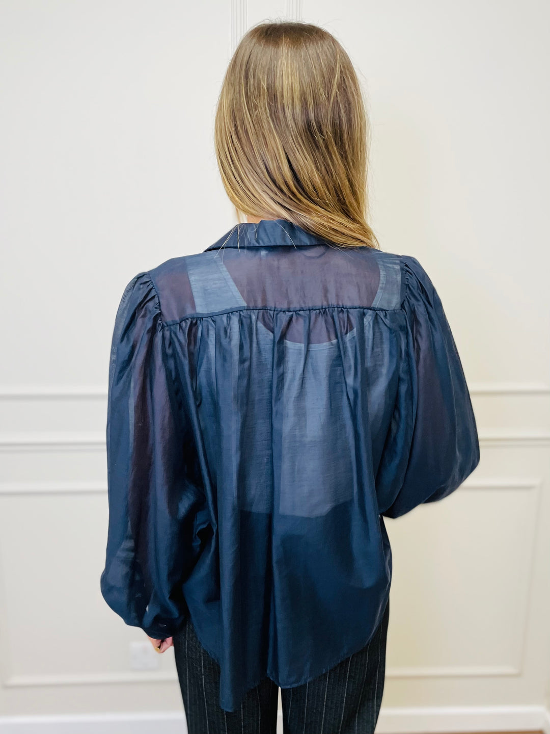 "AMELIA” Sheer Shirt-Navy