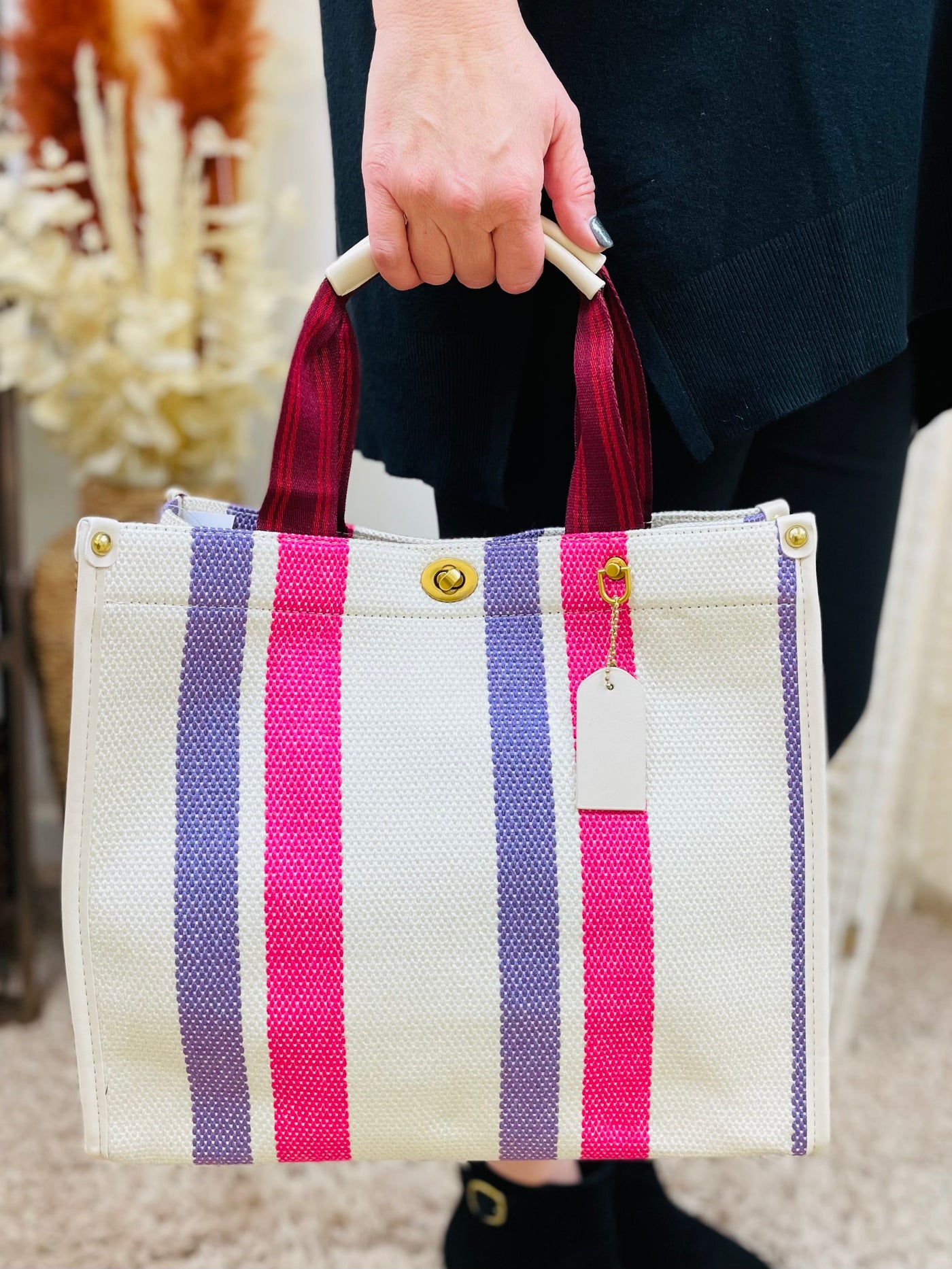 Stripe Print Handbag-Cream/Purple & Pink
