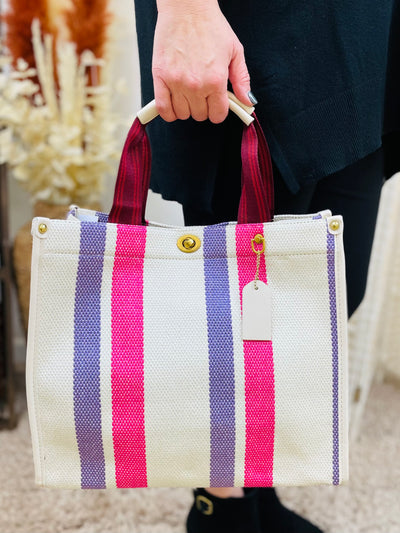 Stripe Print Handbag-Cream/Purple & Pink
