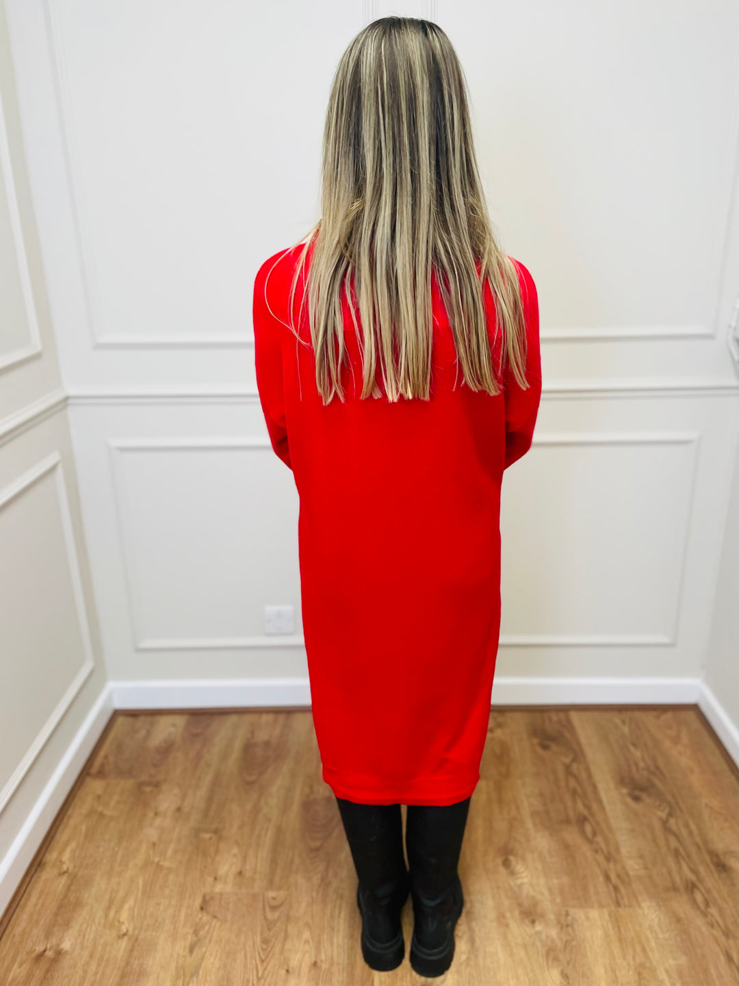 "BELINDA" Cable Knit Roll Neck Dress-Red