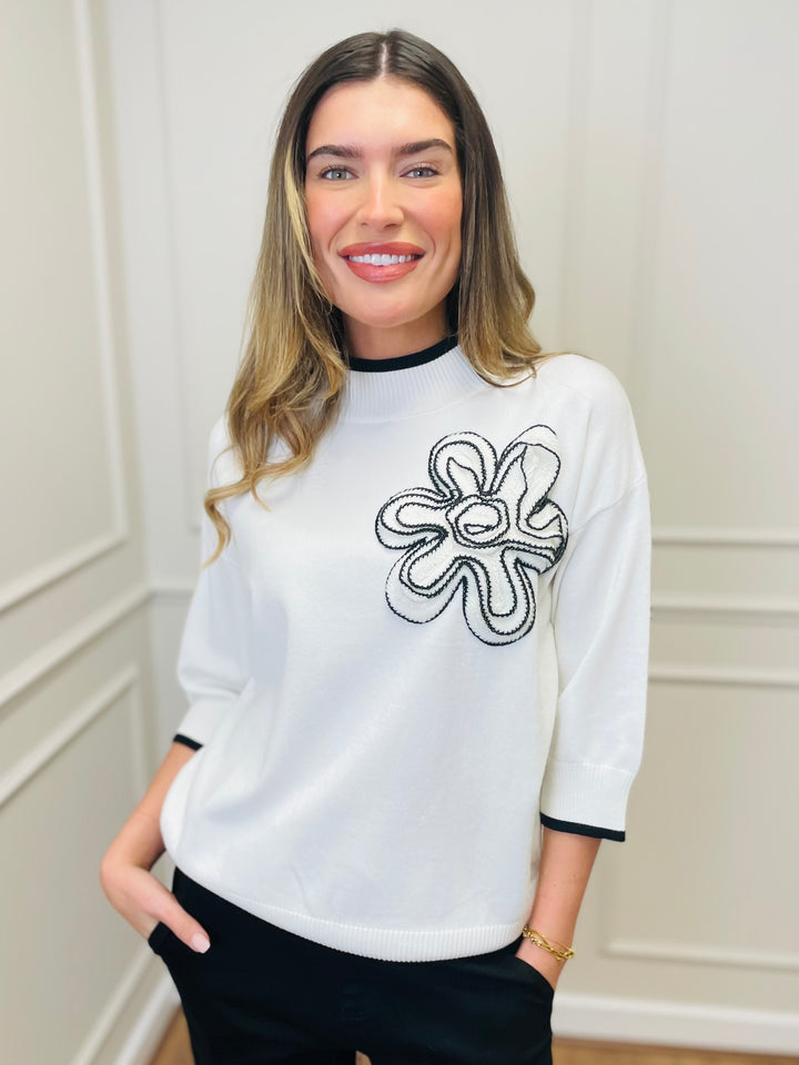 "ROSE" Floral Applique Knit-White & Black